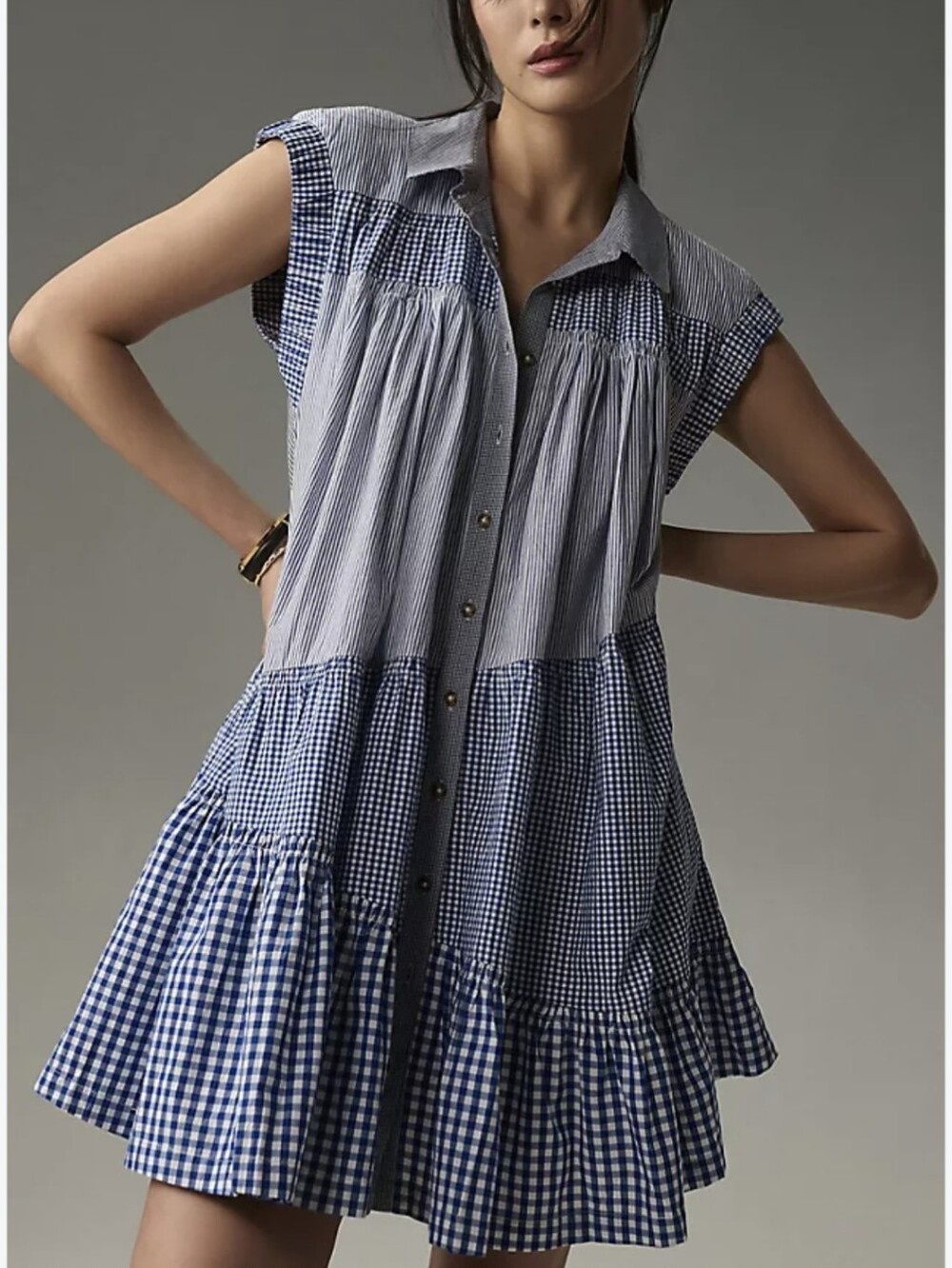 Pilcro Anthropologie Gingham Tiered Button-Down Tunic Mini Dress Sz XS Petite